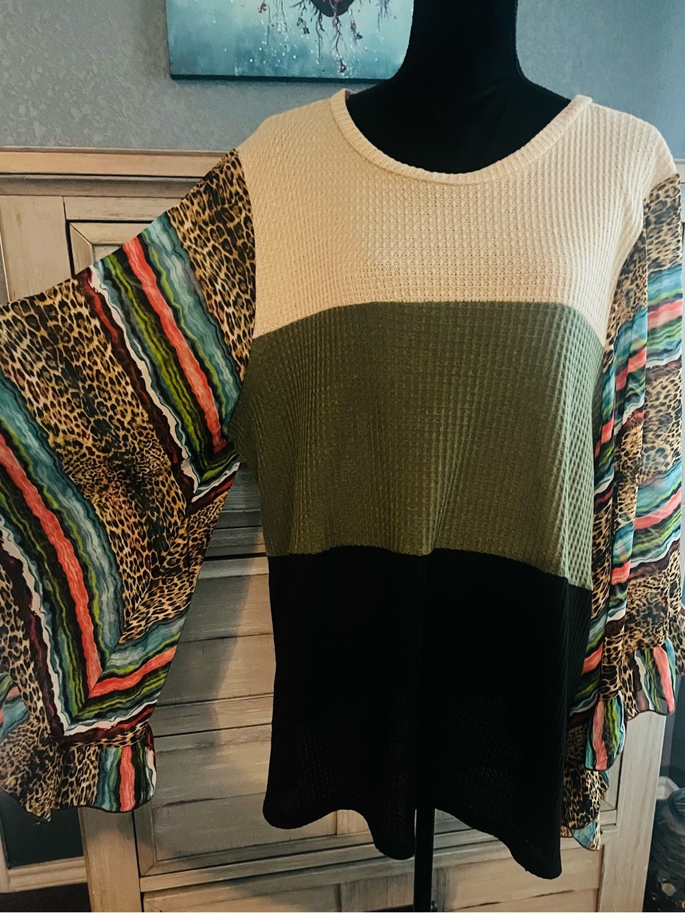 Color-Block Waffle Knit Top with Patterned Bell Sleeves - Olive, Cream & Black